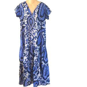 La Plage Paisley Blue White V Neck Tiered Maxi Dress M